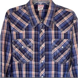 True Religion Men’s Pearl Snap Western Shirt Horseshoe Stitching XXXL Blue/Tan